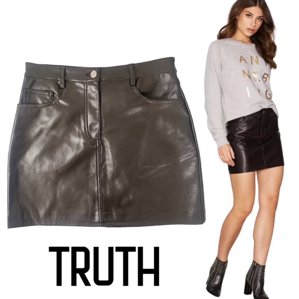 NWT✨ TRUTH Faux Leather Mini Skirt Chocolate Brown Front Button/Zip fastening 2